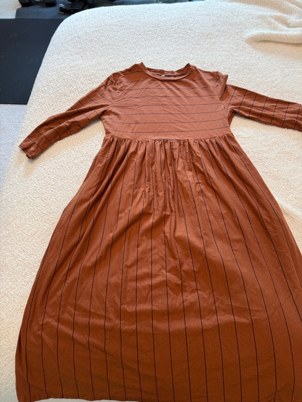 Rust Brown Long Sleeve Midi Dress with Black Pinstripes